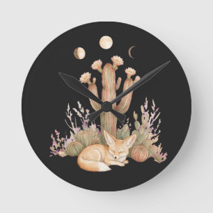 Boho Desert Fennec Fox Sleeping Under Saguaro Cact Round Clock