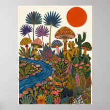 Boho Desert Folk Art Mushroom Cactus River Poster