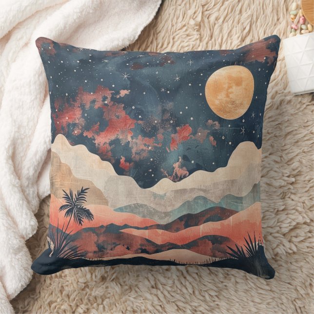 Boho Desert Moon Indigo Copper Celestial Landscape Cushion (Blanket)