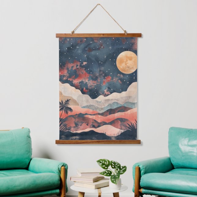 Boho Desert Moon Indigo Copper Celestial Landscape Hanging Tapestry (Living Room)