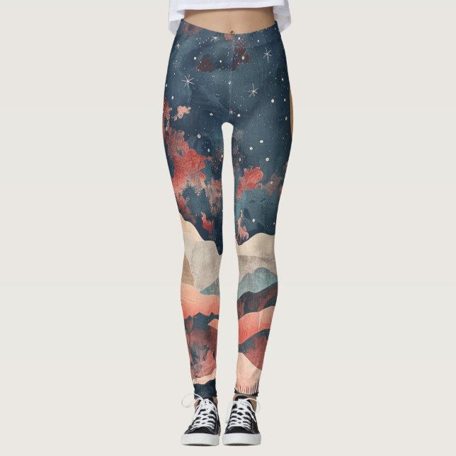 Boho Desert Moon Indigo Copper Celestial Landscape Leggings (Front)