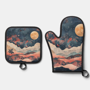 Boho Desert Moon Indigo Copper Celestial Landscape Oven Mitt & Pot Holder Set