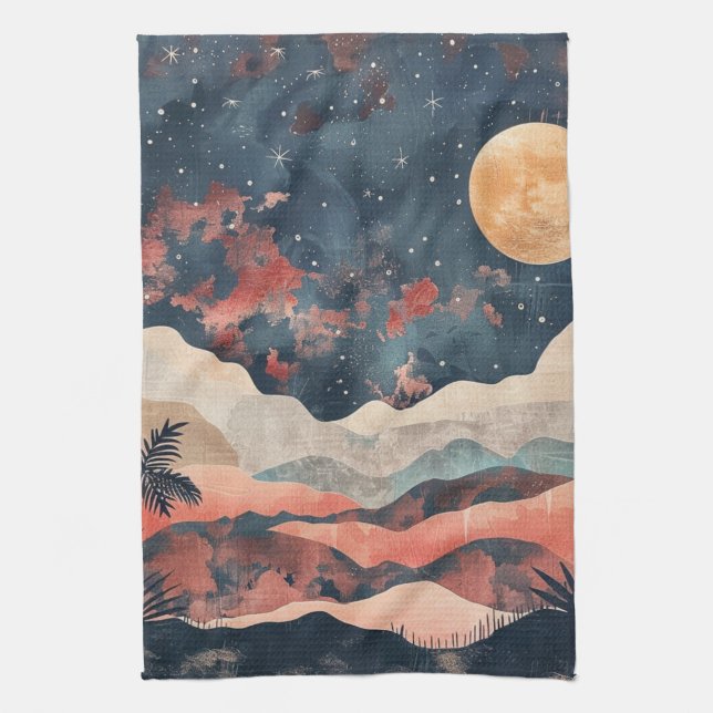 Boho Desert Moon Indigo Copper Celestial Landscape Tea Towel (Vertical)