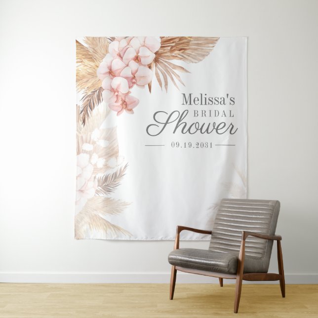 Boho Desert Pampas Grass Bridal Shower Backdrop Tapestry (In Situ)