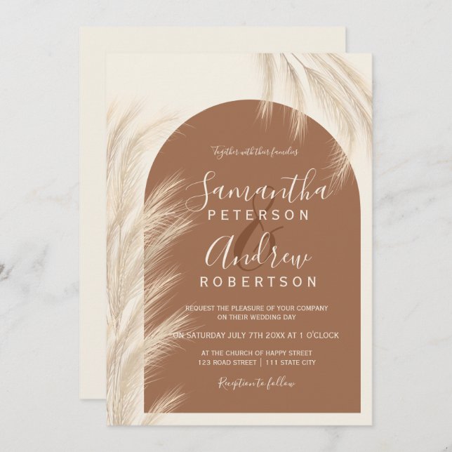Boho desert pampas grass watercolor wedding invitation (Front/Back)