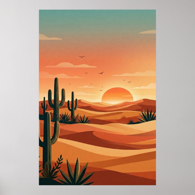 Boho Desert Sunset Dunes with Cactus & Flying Bird Poster (Front)