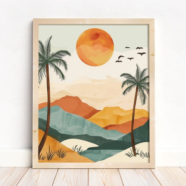 Boho Desert Sunset Landscape Wall Art Print (Boho Desert Sunset Landscape Wall Art Print in a neutral wooden frame on the floor)