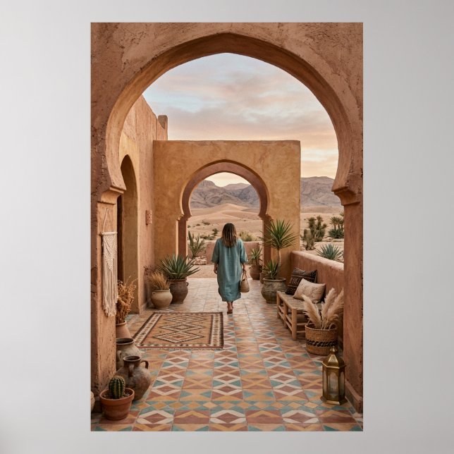 Boho Desert Woman Walking to Sunset Arches, Cactus Poster (Front)