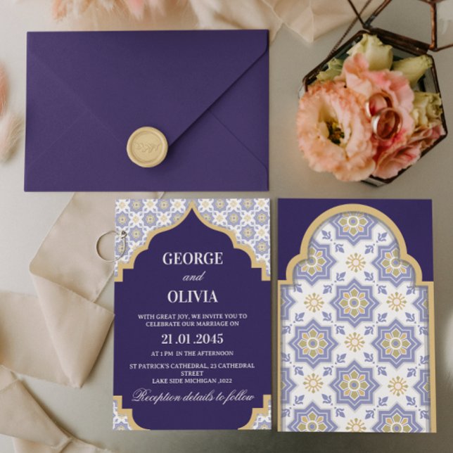 Boho Destination Blue Watercolor Moroccan Wedding Invitation (Creator Uploaded)
