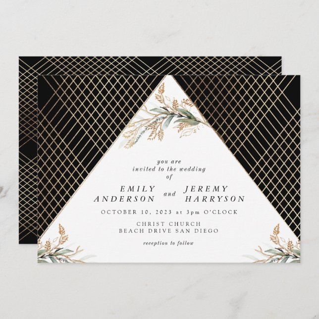 Boho Diamond Foil Onyx Deco Gold Eucalyptus Invitation (Front/Back)