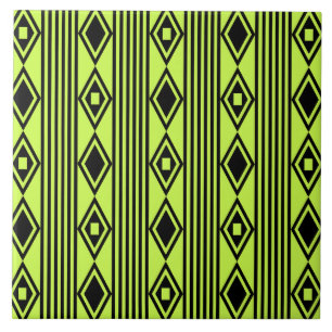 Boho Diamonds Stripes Black Chartreuse Tile