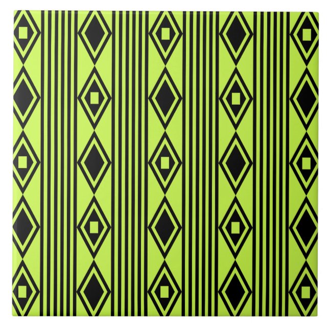 Boho Diamonds Stripes Black Chartreuse Tile (Front)