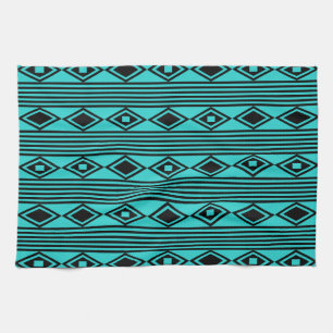 Boho Diamonds Stripes Black Turquoise Tea Towel