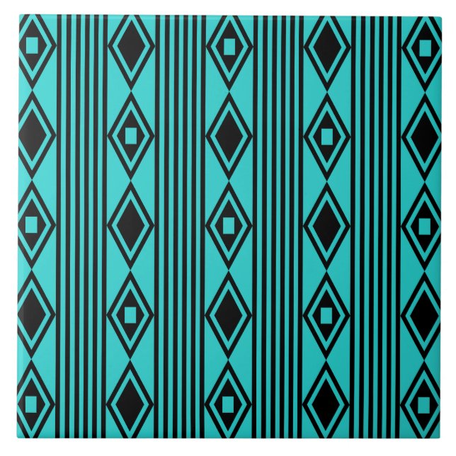 Boho Diamonds Stripes Black Turquoise Tile (Front)