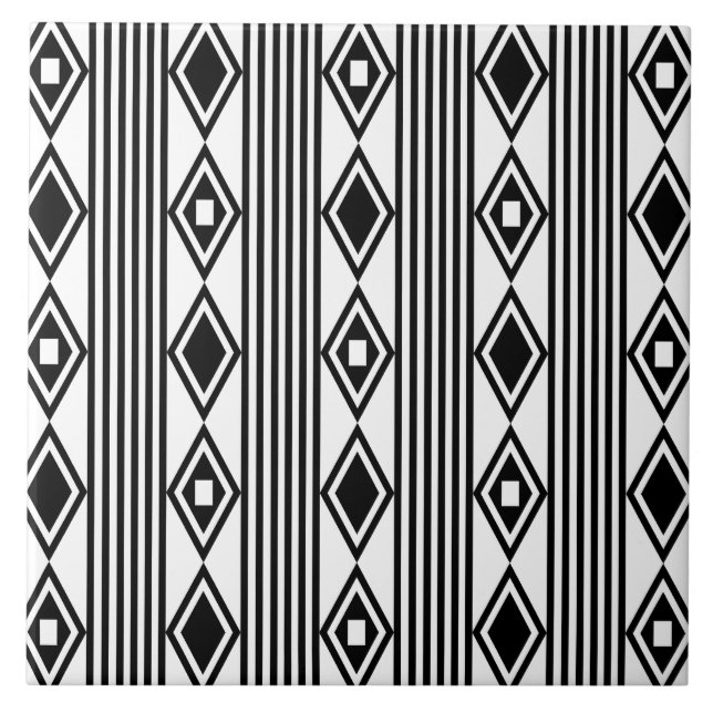 Boho Diamonds Stripes Black White Tile (Front)
