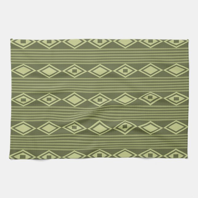 Boho Diamonds Stripes Olive Green Tea Towel (Horizontal)
