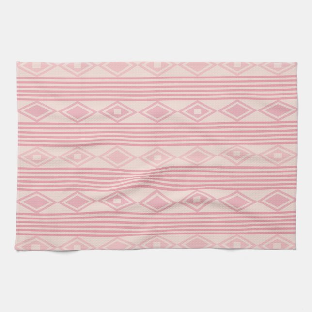 Boho Diamonds Stripes Pink Vanilla Tea Towel (Horizontal)