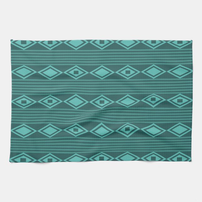 Boho Diamonds Stripes Teal Tea Towel (Horizontal)