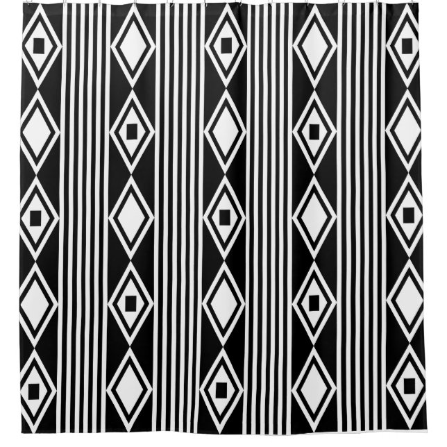 Boho Diamonds Stripes White Black Shower Curtain (Front)