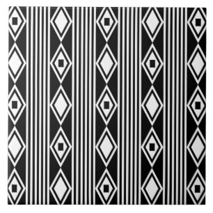 Boho Diamonds Stripes White Black Tile