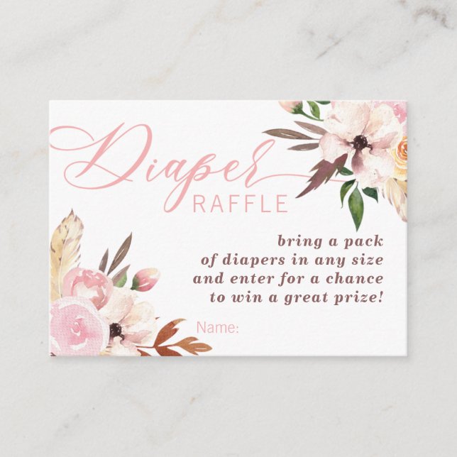 Boho Diaper Raffle Ticket, Watercolor Floral Business Card (Front)