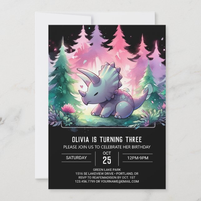 Boho Digital Triceratops Birthday Invitation (Front)