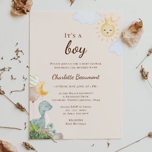 Boho Dinosaur Beige It's A Boy Baby Shower Invitation
