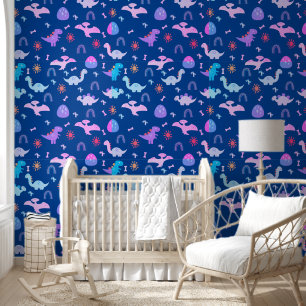 Boho Dinosaurs Colourful Dark Blue Nursery Wallpaper