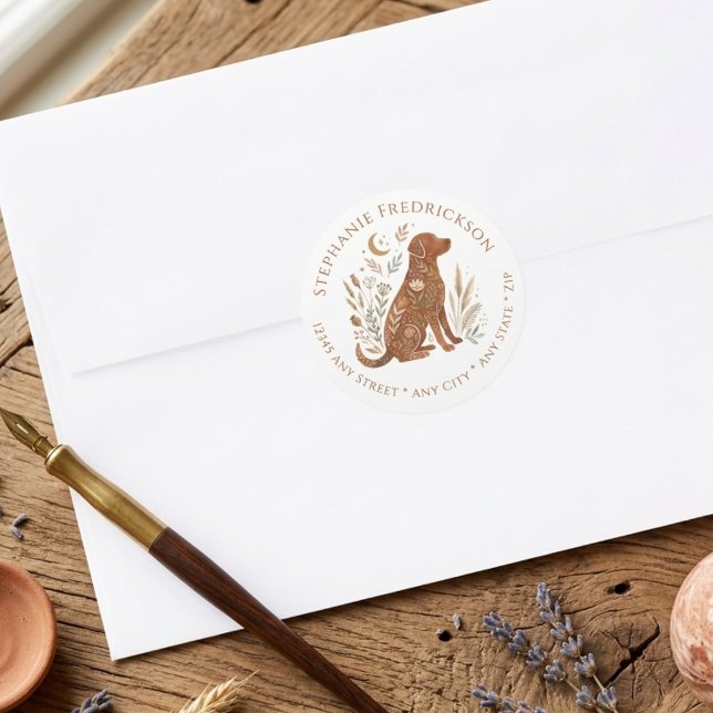 Boho Dog Lover New Home Floral Celestial Art Classic Round Sticker (Boho dog lover return address label)