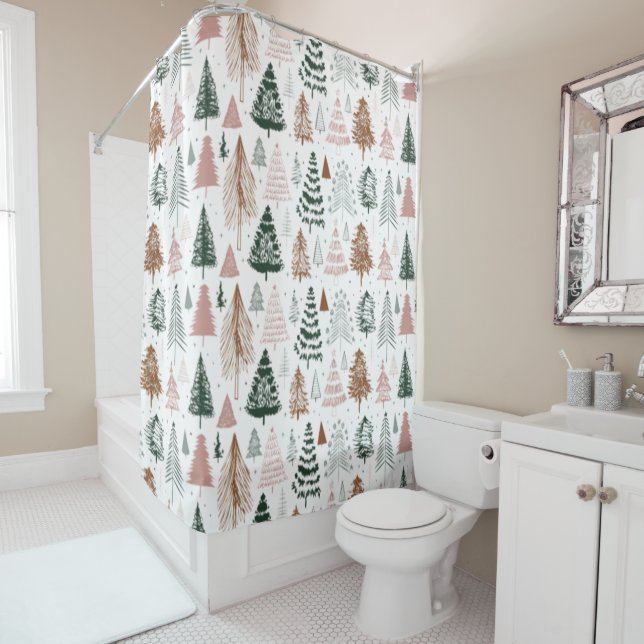 Boho Doodle Christmas Tree Pattern  Shower Curtain (In Situ)