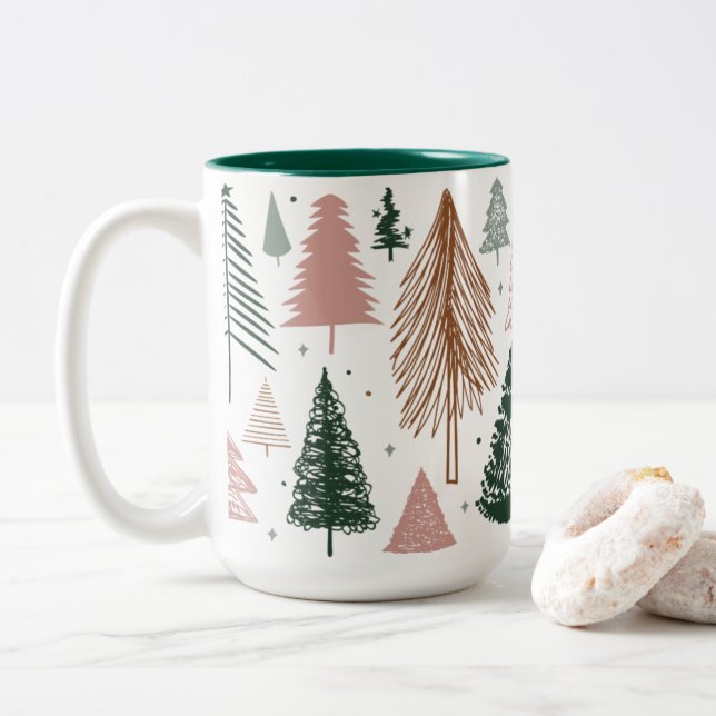 Boho Doodle Christmas Tree Pattern Two-Tone Coffee Mug (With Donut)