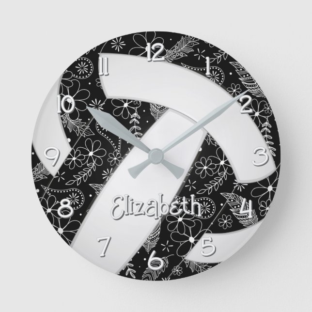 boho doodle floral black white volleyball round clock (Front)