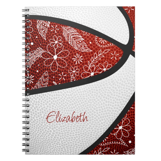 Boho doodle flowers maroon white basketball notebook (Front)