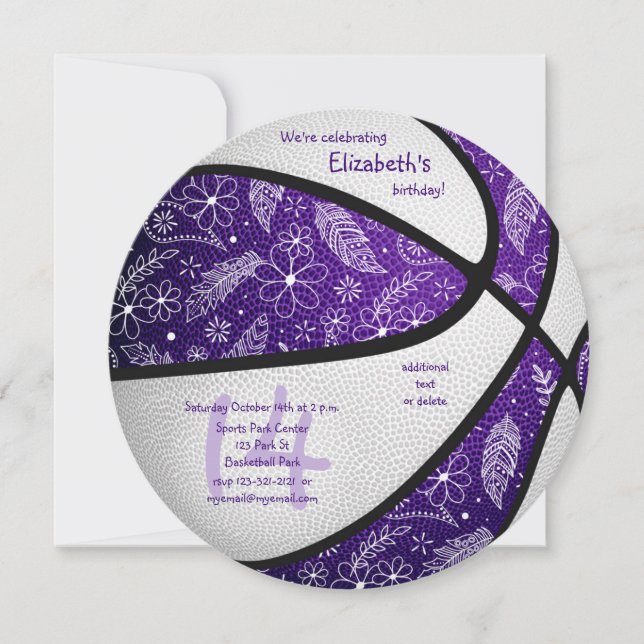 boho doodles purple white basketball celebration announcement (Front)
