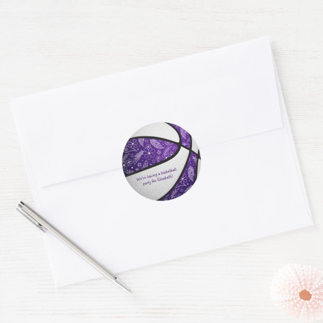 boho doodles purple white basketball celebration classic round sticker (Envelope)