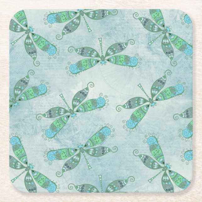 Boho Dragonflies in Blue Square Paper Coaster (Front)