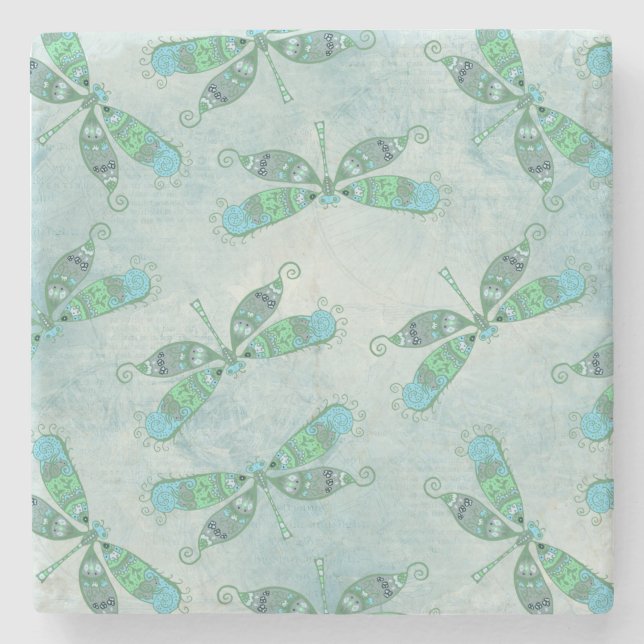 Boho Dragonflies in Blue Stone Coaster (Front)