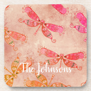 Boho Dragonflies in Pink Coaster