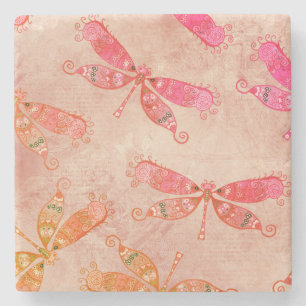 Boho Dragonflies in Pink Stone Coaster