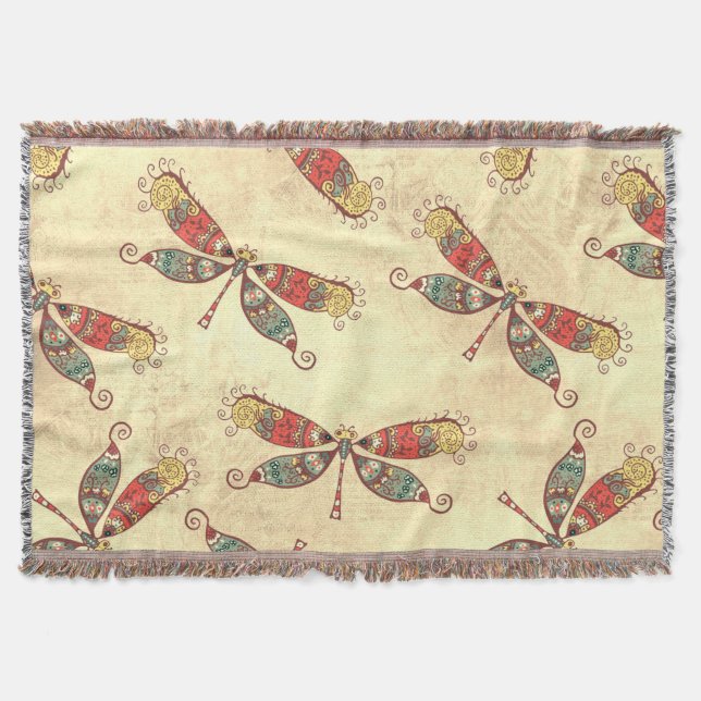 Boho Dragonflies in Sepia Throw Blanket (Front)