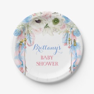 Boho Dream Catcher Feather Tribal Blue Pink Paper Plate
