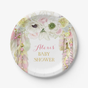 Boho Dream Catcher Feather Tribal Pink Yellow Paper Plate