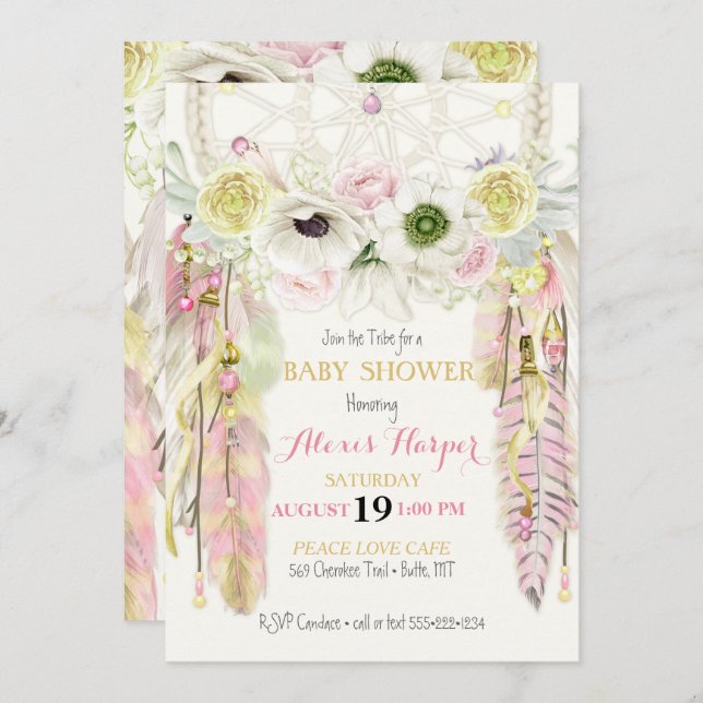 Boho Dream Catcher Feathers Crystals Pink Yellow Invitation (Front/Back)