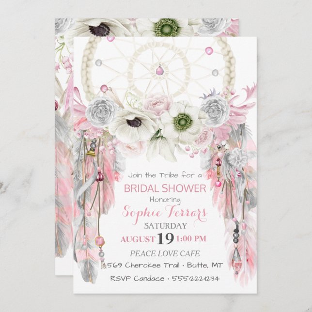 Boho Dream Catcher Feathers Pink Grey Ivory Invitation (Front/Back)