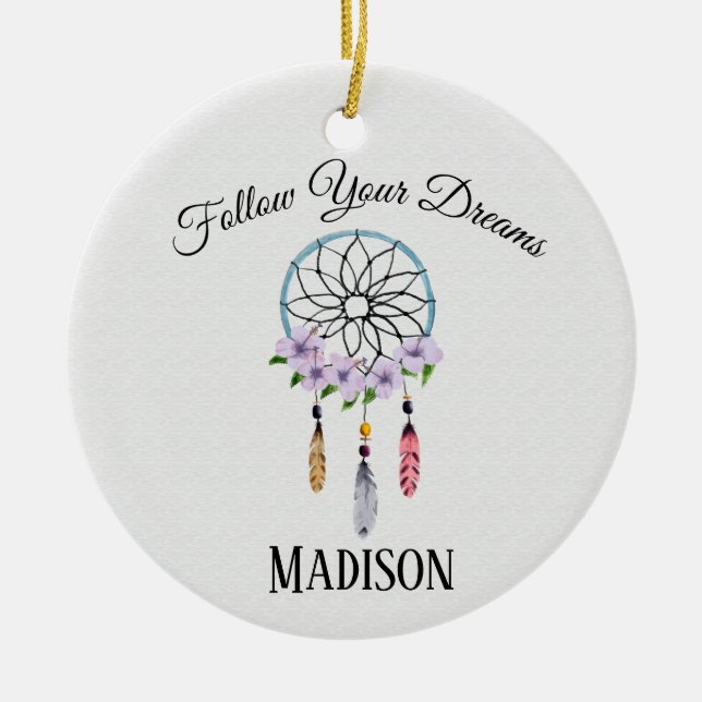 Boho Dream Catcher Floral Flower Personalised Name Ceramic Tree Decoration (Front)