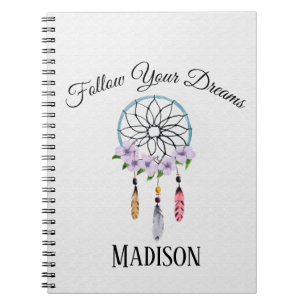 Boho Dream Catcher Floral Flower Personalised Name Spiral Notebook