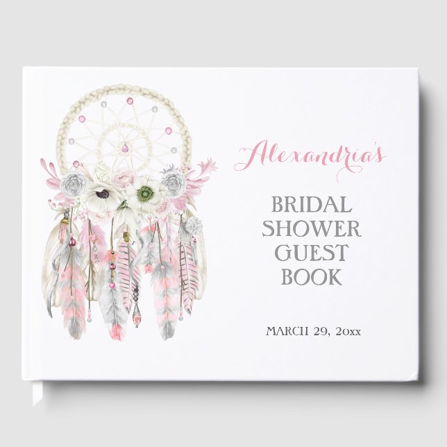 Boho Dream Catcher Pink Grey Feathers Arrows Guest Book (Front)