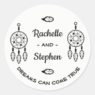 Boho Dream Catcher Wedding Engagement Black White Classic Round Sticker