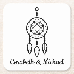 Boho Dream Catcher, Wedding Native American Tribal Square Paper Coaster