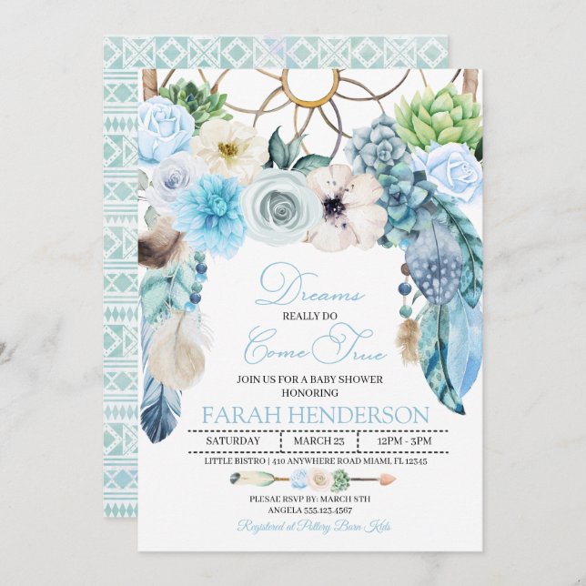 Boho Dreamcatcher Blue Baby Shower Invitation (Front/Back)